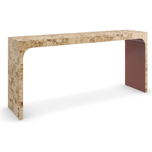 Cabaret Console Table by Caracole in mappa burl, rouge red. Made from asian hardwood, mappa burl in a modern style.