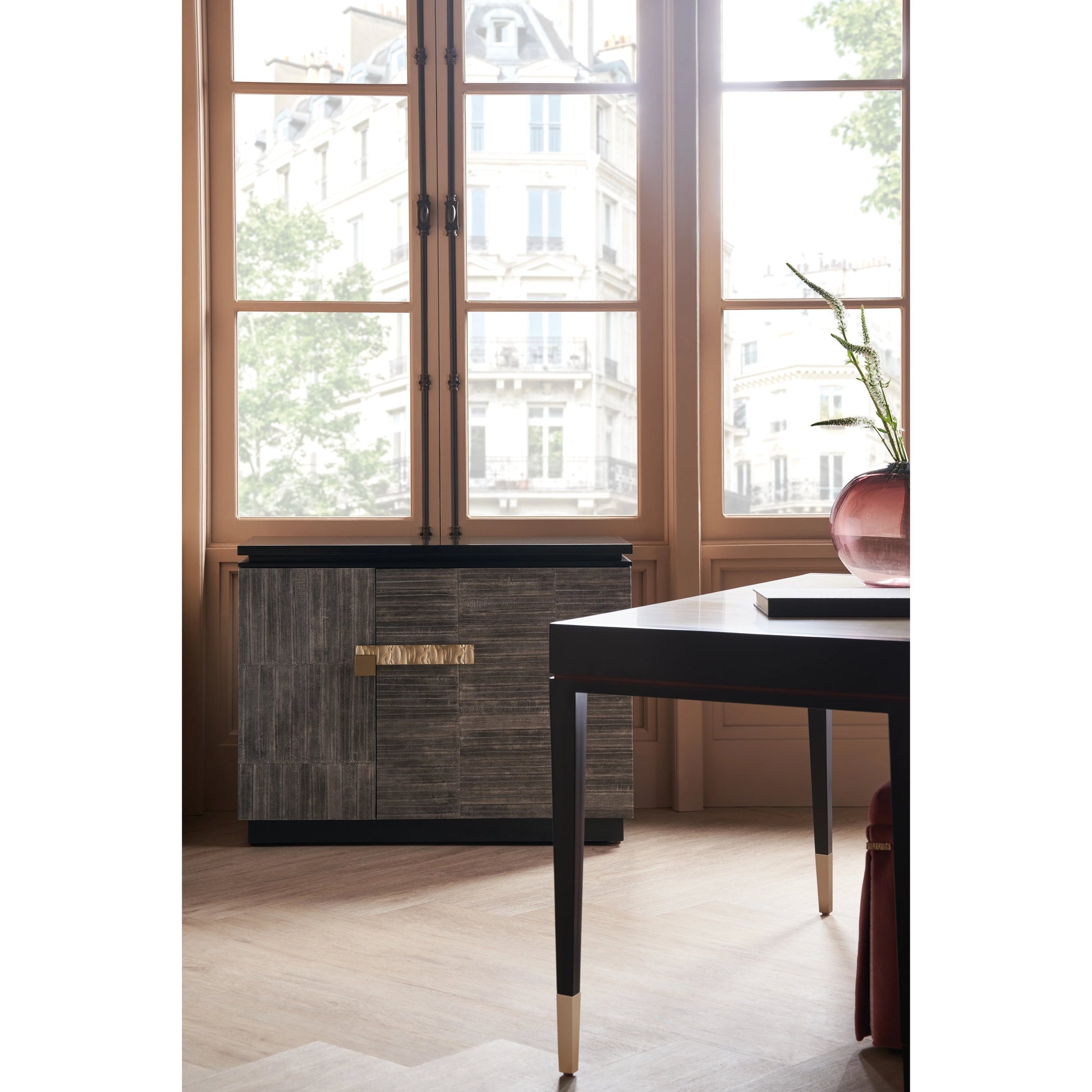 Nigiri Chest by Caracole in dark chocolate, smoked unagi, brushed gold. Made from poplar in a modern style.