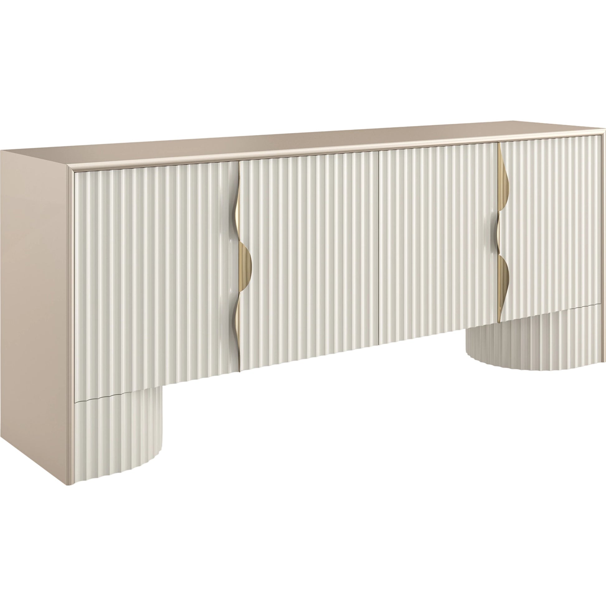 Corinthian Media Console by Caracole in sparkling argent, almond milk. Made from poplar in a modern style.