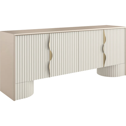 Corinthian Media Console by Caracole in sparkling argent, almond milk. Made from poplar in a modern style.