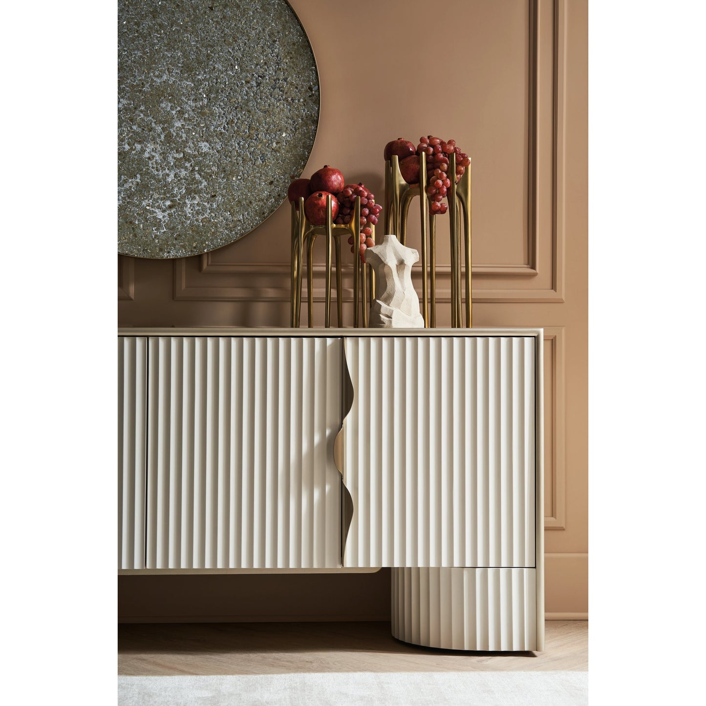 006 SI-2095945 | Lifestyle | Corinthian Media Console by Caracole in sparkling argent, almond milk. Made from poplar in a modern style.