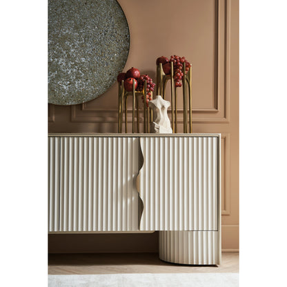 Corinthian Media Console by Caracole in sparkling argent, almond milk. Made from poplar in a modern style.