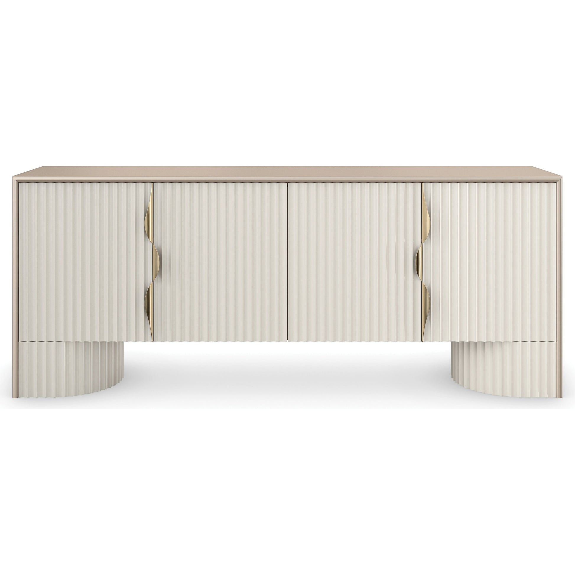 Corinthian Media Console by Caracole in sparkling argent, almond milk. Made from poplar in a modern style.