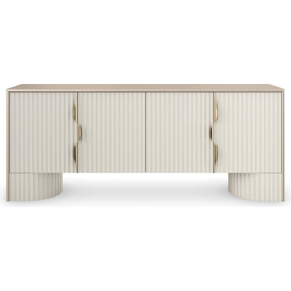 Corinthian Media Console by Caracole in sparkling argent, almond milk. Made from poplar in a modern style.