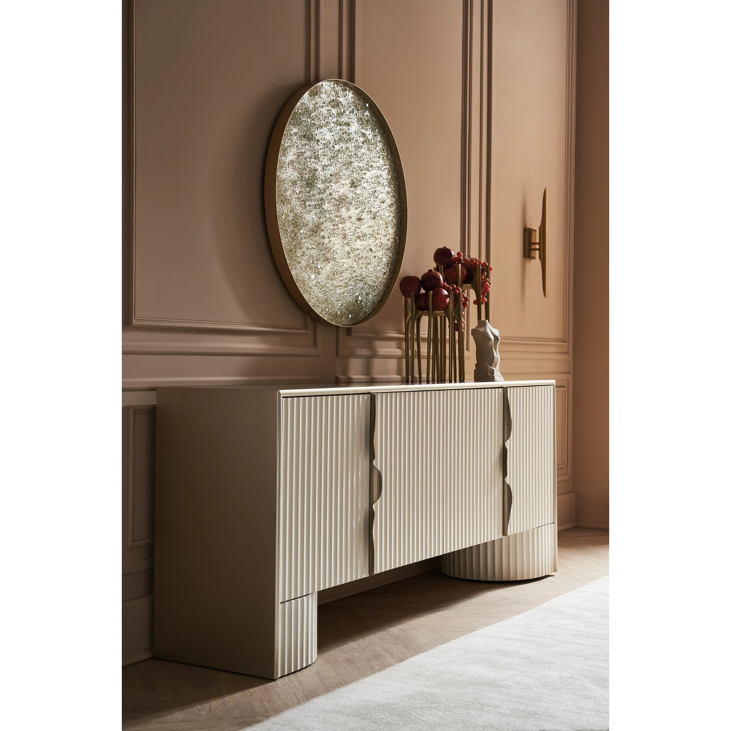 007 SI-2095945 | Lifestyle | Corinthian Media Console by Caracole in sparkling argent, almond milk. Made from poplar in a modern style.