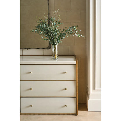 Avignon Dresser by Caracole in burnished adobe, toasted sycamore, antique bronze leaf. Made from acacia, stone, sycamore in a transitional style.