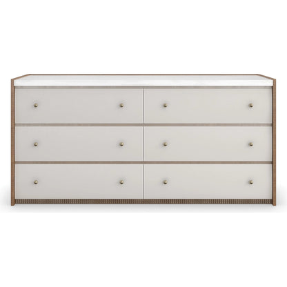Avignon Dresser by Caracole in burnished adobe, toasted sycamore, antique bronze leaf. Made from acacia, stone, sycamore in a transitional style.