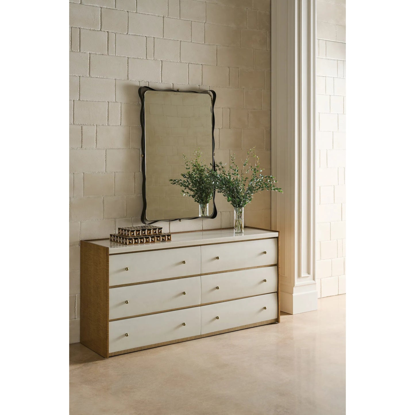 006 SI-2193781 | Lifestyle | Avignon Dresser by Caracole in burnished adobe, toasted sycamore, antique bronze leaf. Made from acacia, stone, sycamore in a transitional style.