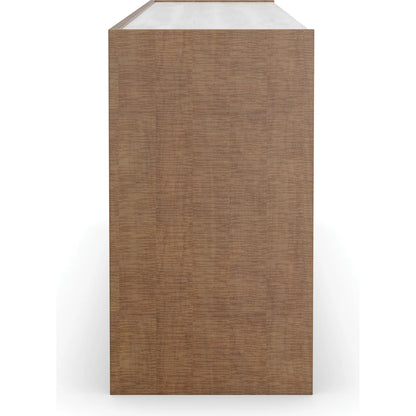 Avignon Dresser by Caracole in burnished adobe, toasted sycamore, antique bronze leaf. Made from acacia, stone, sycamore in a transitional style.