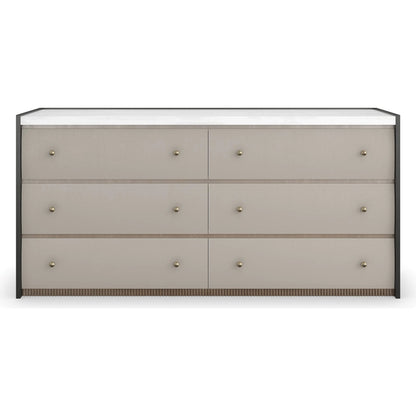 Avignon Bronze Dresser by Caracole in bronze and rockport burnished adobe, craftsman bronze paint, antique bronze leaf. Made from acacia, stone in a transitional style.
