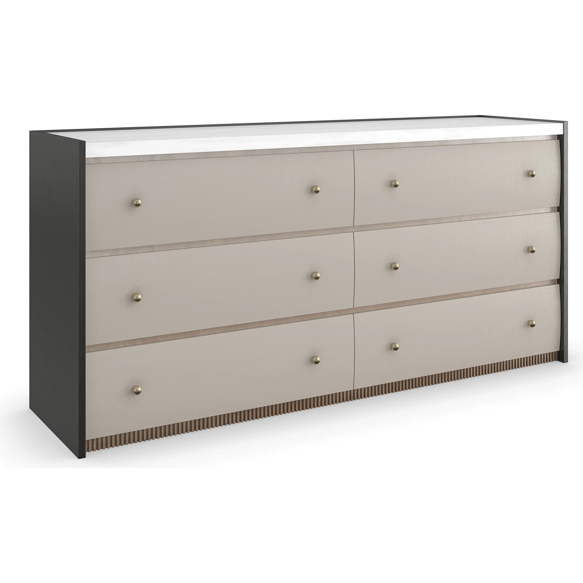Avignon Bronze Dresser by Caracole in bronze and rockport burnished adobe, craftsman bronze paint, antique bronze leaf. Made from acacia, stone in a transitional style.