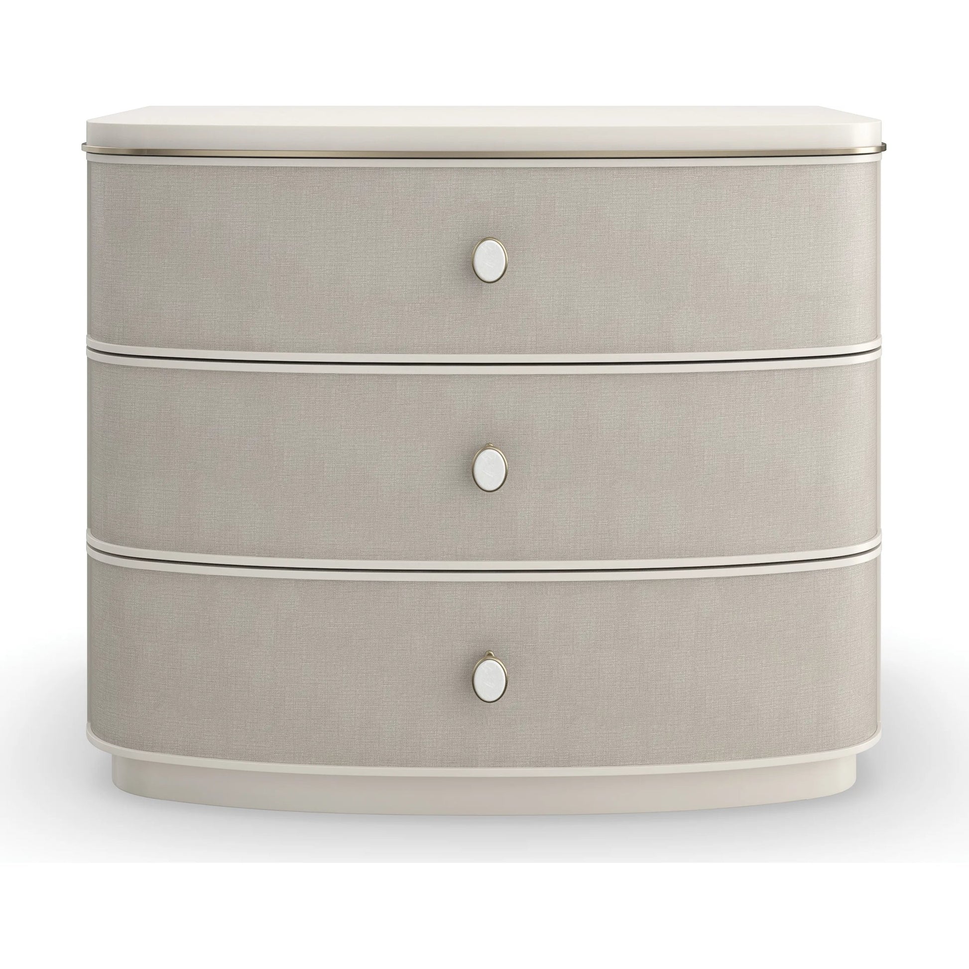 Lyon Nightstand by Caracole in almond milk, brushed gold. Made from acacia, metal in a transitional style.