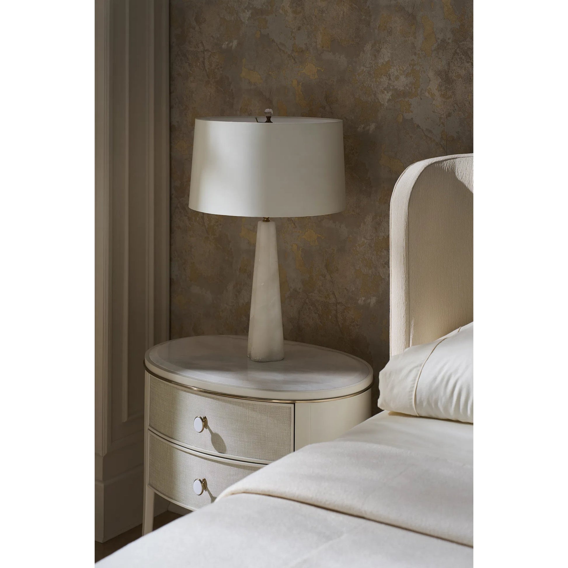 Bruges Nightstand by Caracole in almond milk, brushed gold. Made from acacia, marble, metal in a unique style.