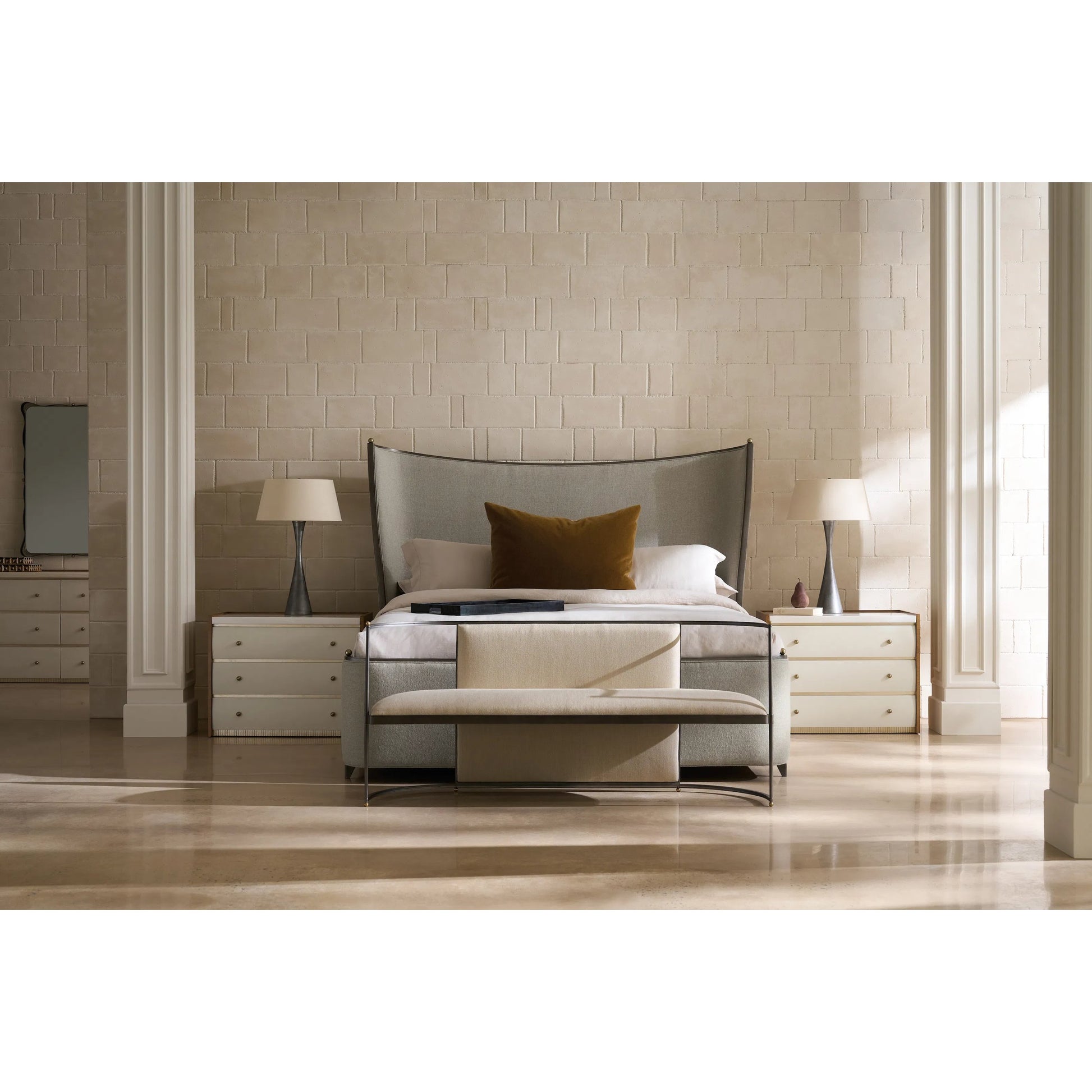 Provence Bed by Caracole in craftsman bronze paint, brushed gold. Made from asian hardwood in a transitional style.