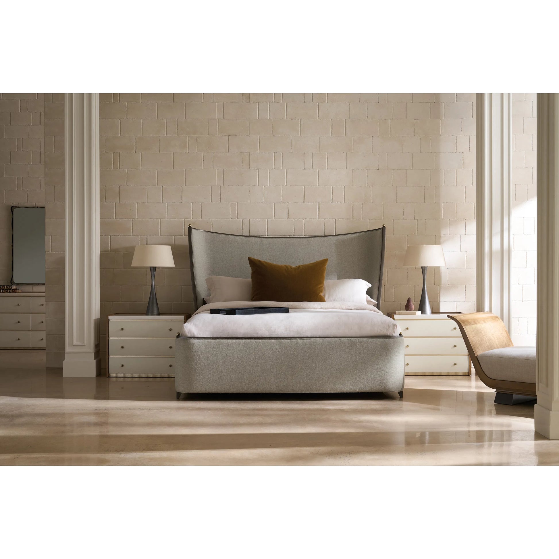 Provence Bed by Caracole in craftsman bronze paint, brushed gold. Made from asian hardwood in a transitional style.