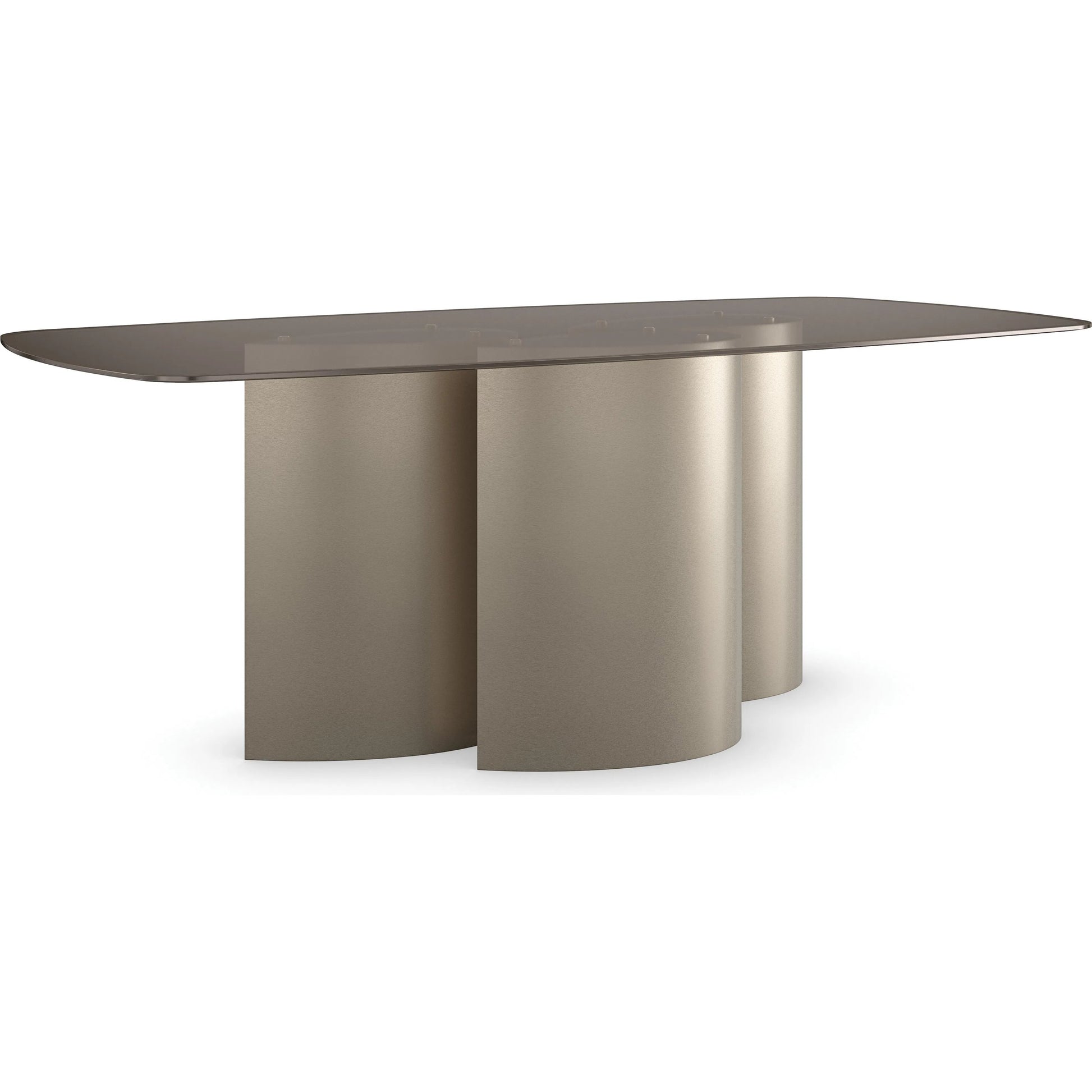 Aphelion Dining Table by Caracole in brushed whisper of gold. Made from metal, glass in a modern style.