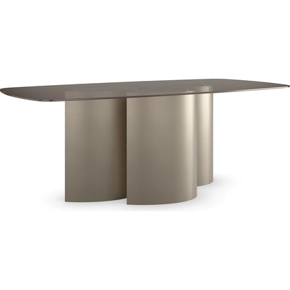 Aphelion Dining Table by Caracole in brushed whisper of gold. Made from metal, glass in a modern style.