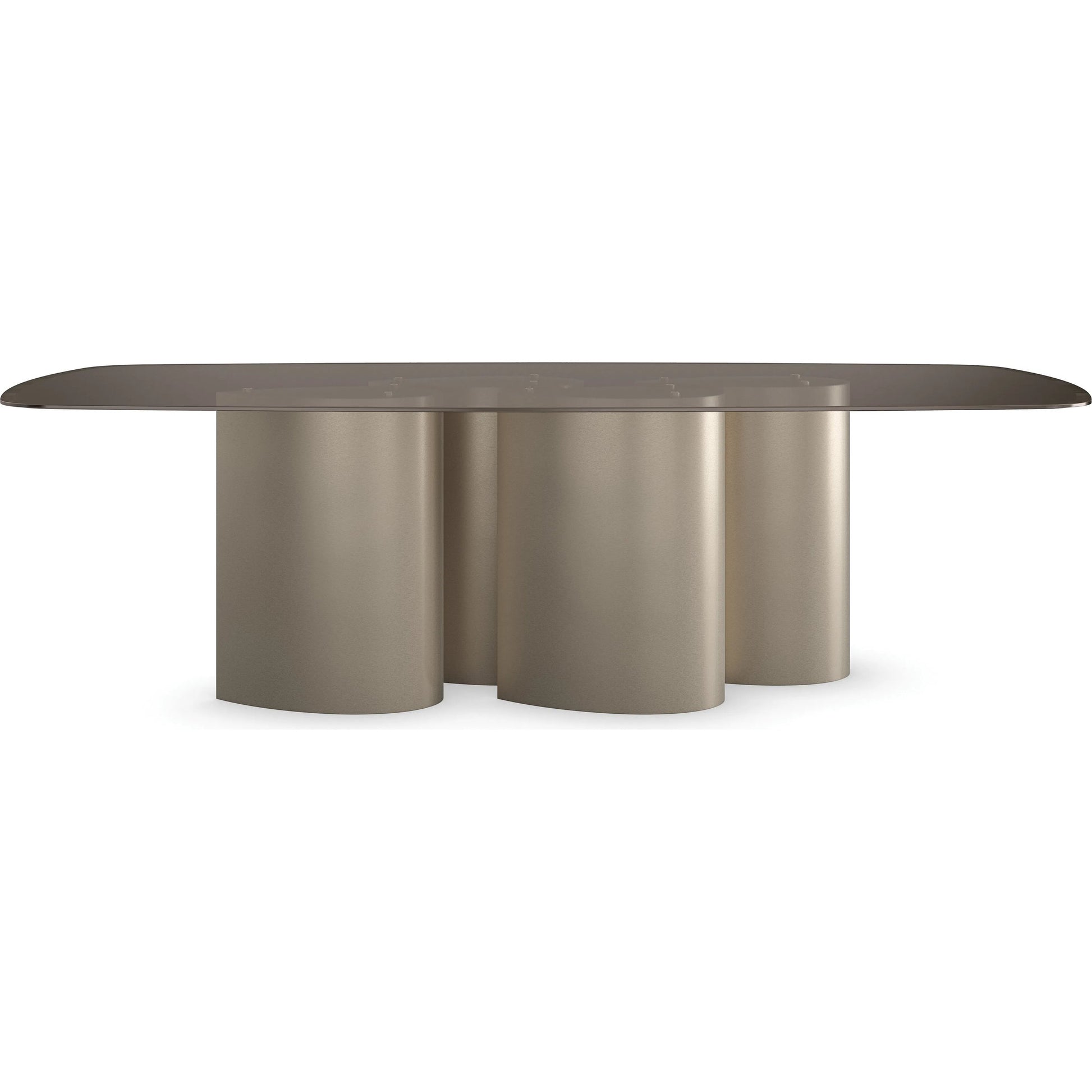 Aphelion Dining Table by Caracole in brushed whisper of gold. Made from metal, glass in a modern style.