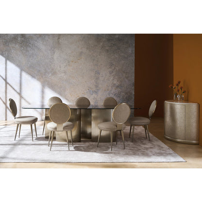 Aphelion Dining Table by Caracole in brushed whisper of gold. Made from metal, glass in a modern style.