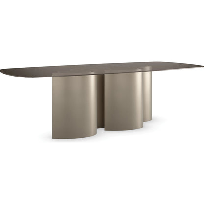 Aphelion Dining Table by Caracole in brushed whisper of gold. Made from metal, glass in a modern style.