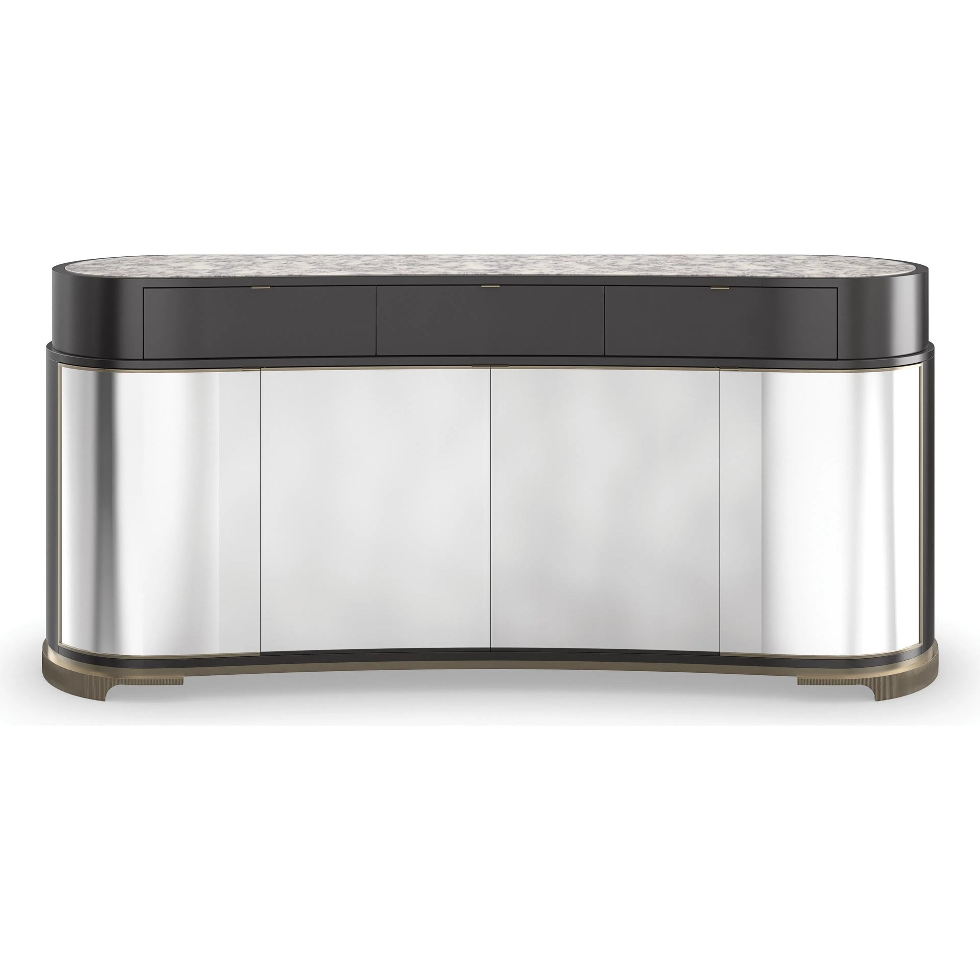Glace Sideboard by Caracole in almost black, polished silver, brushed gold, brushed gold paint. Made from acacia, stone, metal, birch in a modern style.