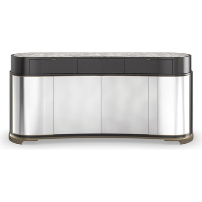 Glace Sideboard by Caracole in almost black, polished silver, brushed gold, brushed gold paint. Made from acacia, stone, metal, birch in a modern style.