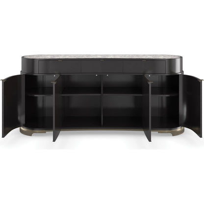 Glace Sideboard by Caracole in almost black, polished silver, brushed gold, brushed gold paint. Made from acacia, stone, metal, birch in a modern style.