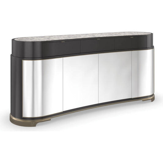 Glace Sideboard by Caracole in almost black, polished silver, brushed gold, brushed gold paint. Made from acacia, stone, metal, birch in a unique style.