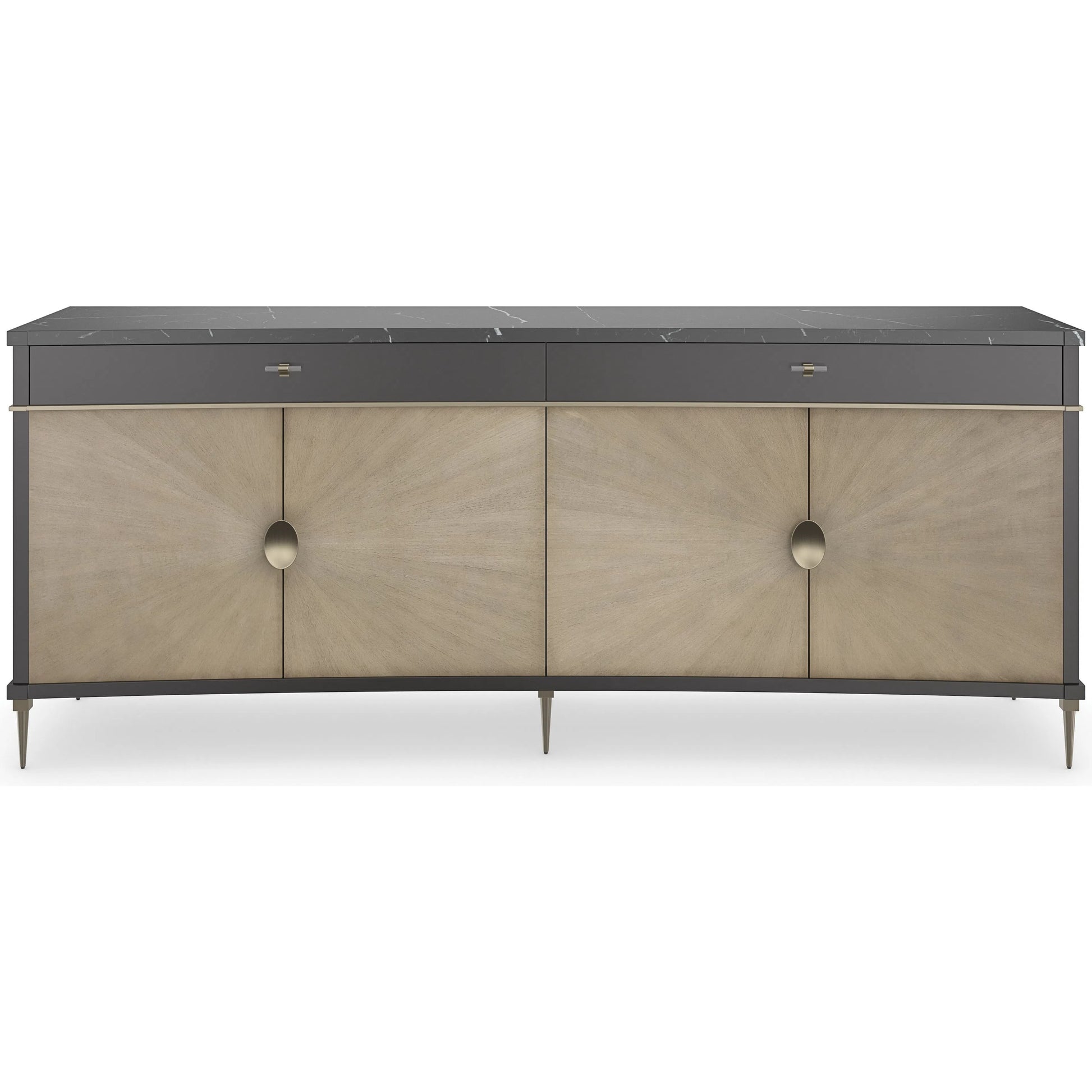 Noir Sideboard by Caracole in almost black, gray gables, brushed gold. Made from asian hardwood, stone, metal, elegant tiger maple in a modern style.