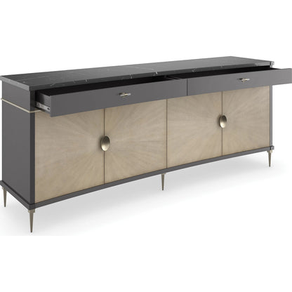 Noir Sideboard by Caracole in almost black, gray gables, brushed gold. Made from asian hardwood, stone, metal, elegant tiger maple in a modern style.