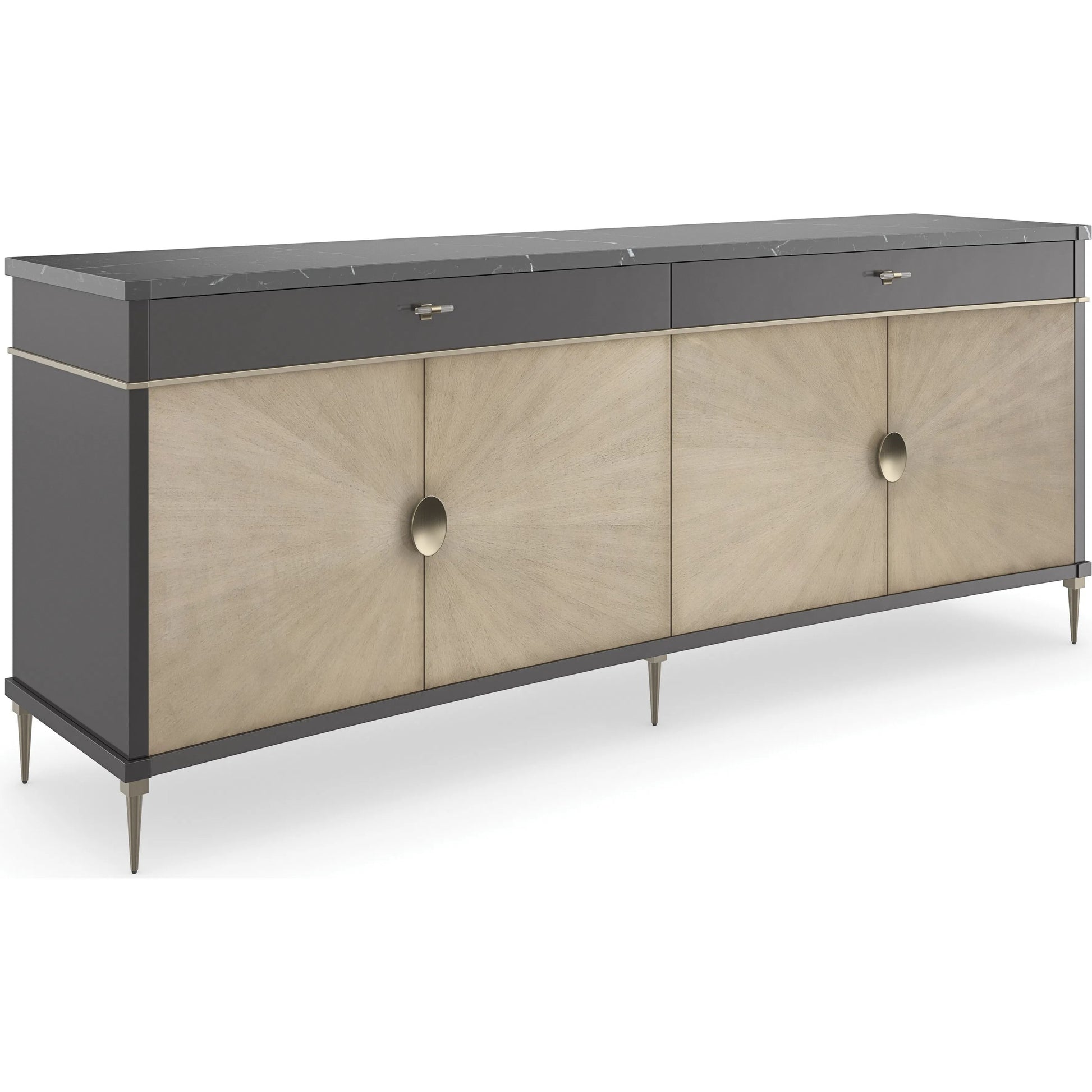 Noir Sideboard by Caracole in almost black, gray gables, brushed gold. Made from asian hardwood, stone, metal, elegant tiger maple in a modern style.