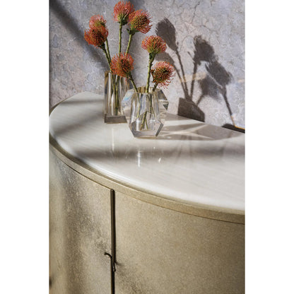 Meridian Sideboard by Caracole in sunrise frost, golden blonde leaf. Made from asian hardwood, stone, birch in a modern style.