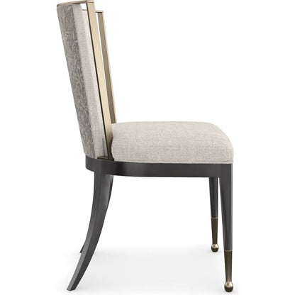 Astoria Side Chair by Caracole in almost black, brushed gold. Made from asian hardwood in a transitional style.