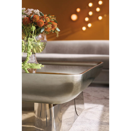 Zenith Cocktail Table by Caracole in charcoal leaf, whisper of gold. Made from metal, mirror in a transitional style.