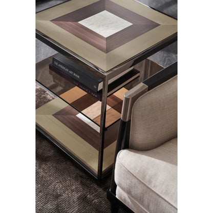 Impossible Cube End Table by Caracole in brushed deep bronze, otter, woodland gray, dreamy burl, almost black. Made from poplar, metal, glass, dyed tupelo, japanese sen, madrona burl in a unique style.