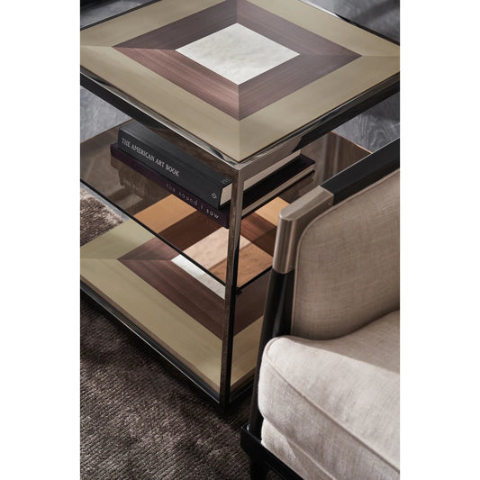 Impossible Cube End Table by Caracole in brushed deep bronze, otter, woodland gray, dreamy burl, almost black. Made from poplar, metal, glass, dyed tupelo, japanese sen, madrona burl in a unique style.