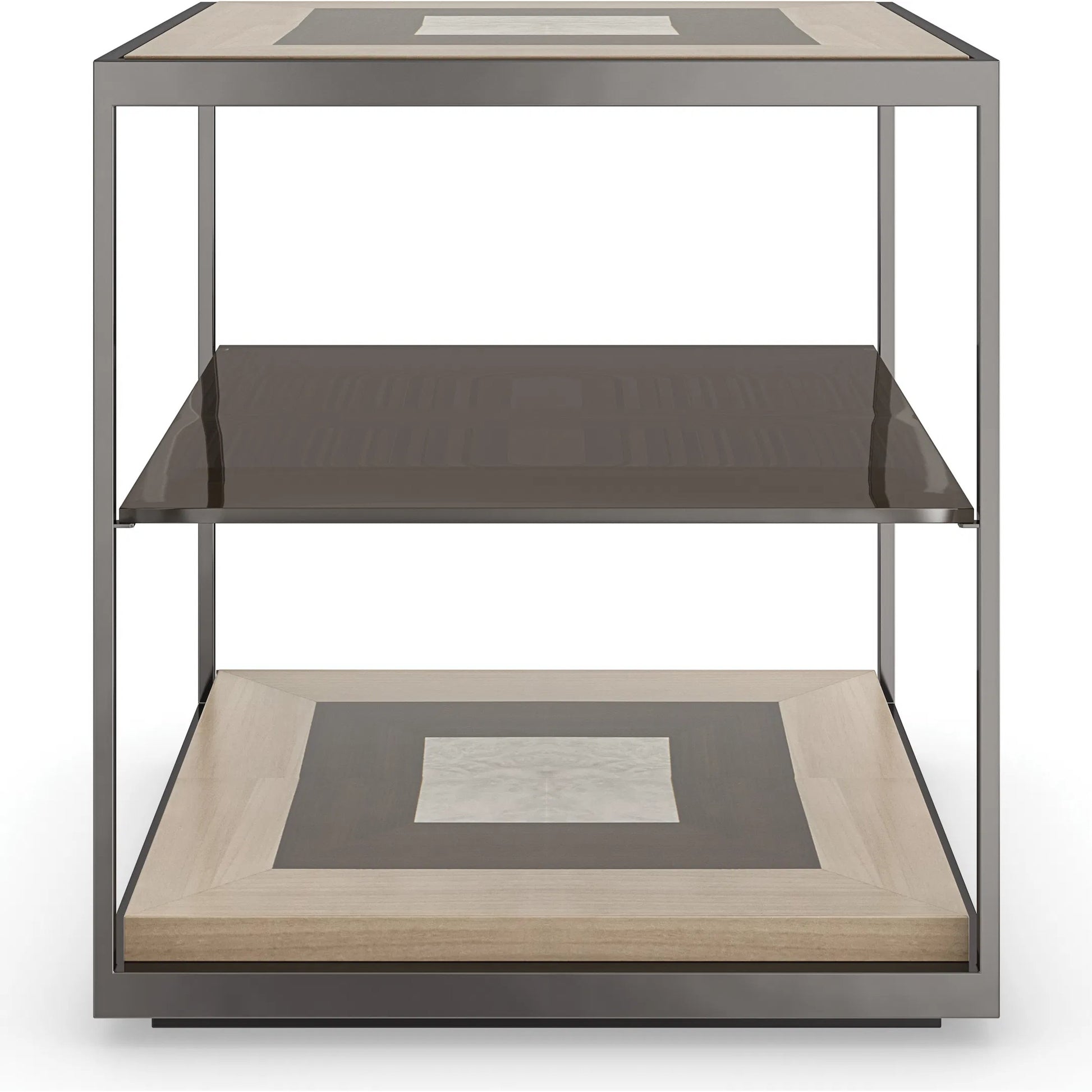 Impossible Cube End Table by Caracole in brushed deep bronze, otter, woodland gray, dreamy burl, almost black. Made from poplar, metal, glass, dyed tupelo, japanese sen, madrona burl in a unique style.