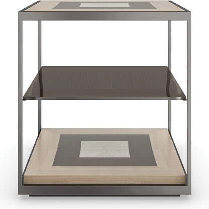 Impossible Cube End Table by Caracole in brushed deep bronze, otter, woodland gray, dreamy burl, almost black. Made from poplar, metal, glass, dyed tupelo, japanese sen, madrona burl in a unique style.