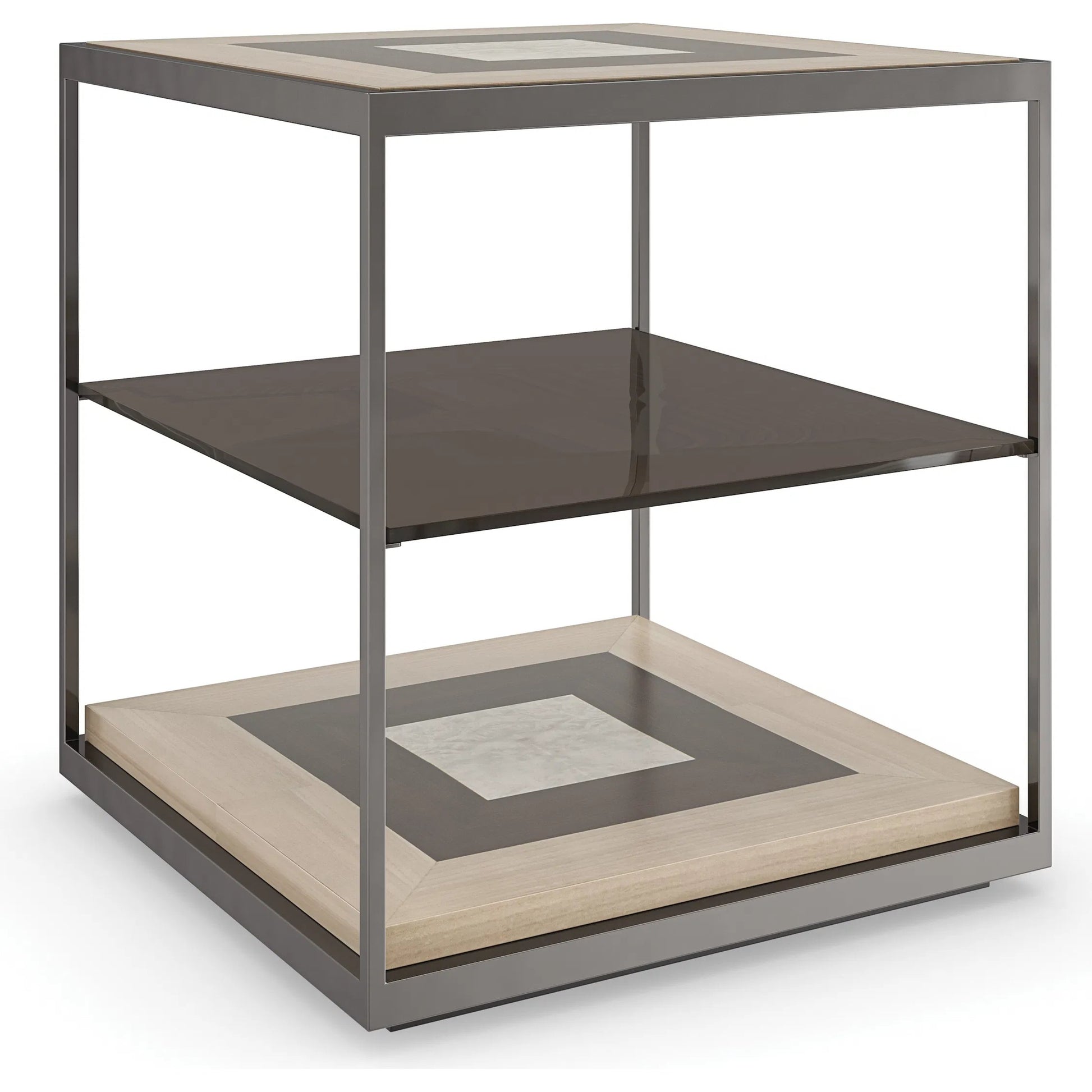 Impossible Cube End Table by Caracole in brushed deep bronze, otter, woodland gray, dreamy burl, almost black. Made from poplar, metal, glass, dyed tupelo, japanese sen, madrona burl in a unique style.