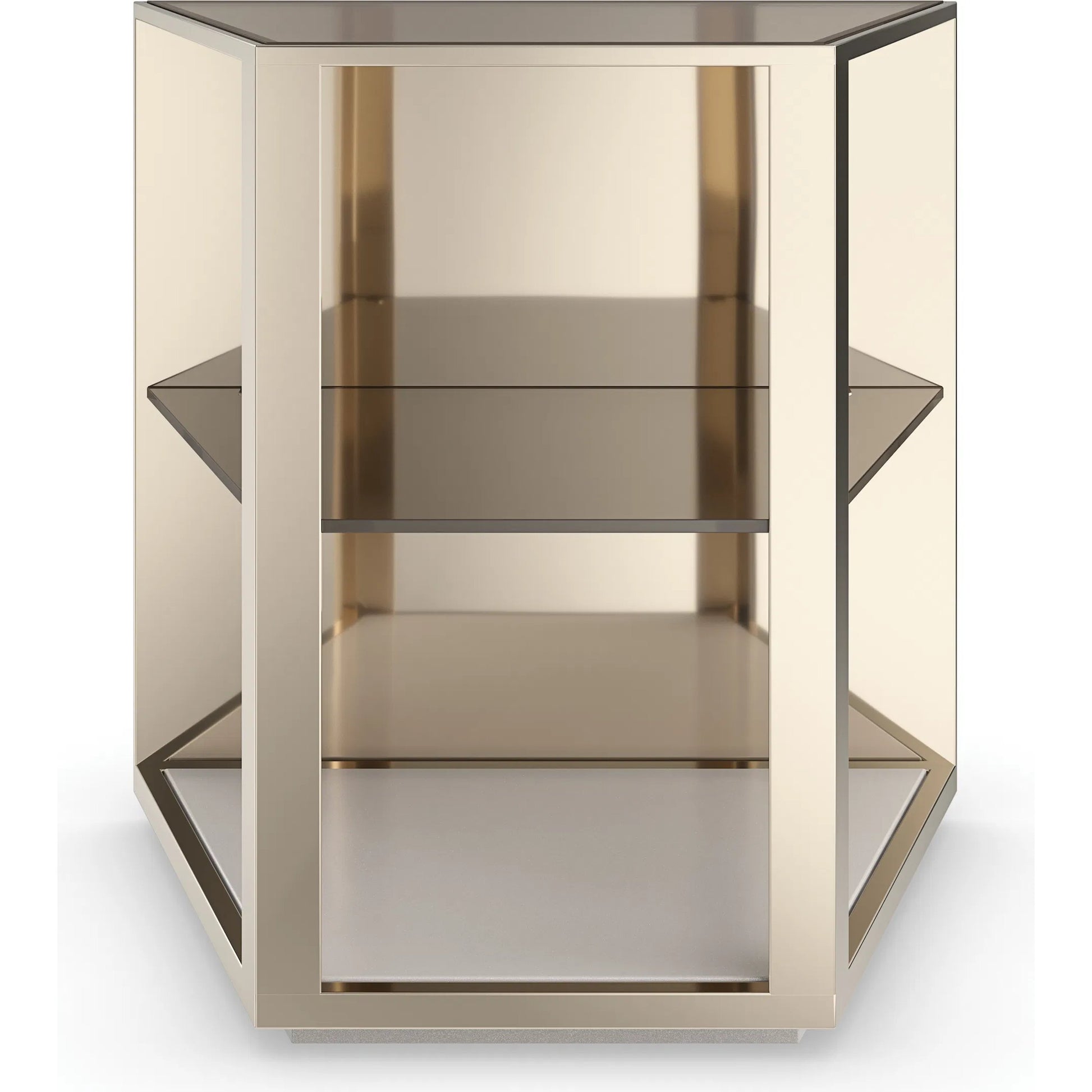 Refraction End Table by Caracole in whisper of gold, oyster. Made from poplar, metal, glass in a modern style.