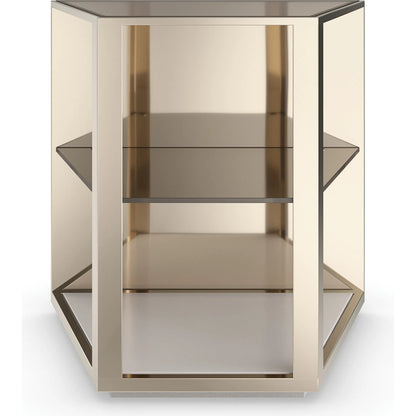 Refraction End Table by Caracole in whisper of gold, oyster. Made from poplar, metal, glass in a modern style.