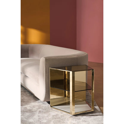 Refraction End Table by Caracole in whisper of gold, oyster. Made from poplar, metal, glass in a modern style.