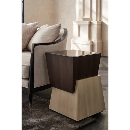 Relativity Accent Table by Caracole in otter, woodland gray, almost black. Made from poplar, mirror, dyed tupelo, japanese sen in a modern style.