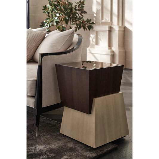 Relativity Accent Table by Caracole in otter, woodland gray, almost black. Made from poplar, mirror, dyed tupelo, japanese sen in a unique style.