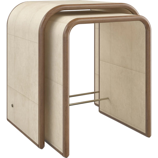 Delano Nesting Tables by Caracole in ivory parchment, toasted sycamore, brushed gold. Made from poplar, parchment in a unique style.