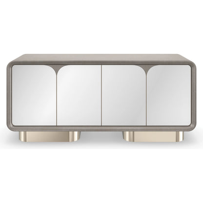Aero Media Console by Caracole in charcoal leaf, whisper of gold. Made from acacia, mirror, metal, birch in a unique style.