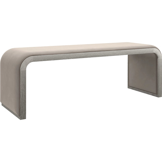 Traverse Upholstered Bench by Caracole in beige and silver driftwood. Made from ash in a transitional style.