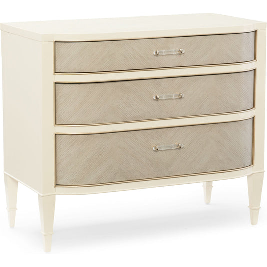 Dress Code Nightstand by Caracole in gray, ivory and wedding dress white, heron grey, soft taupe, taupe paint. Made from pine solids, quartered oak veneers in a transitional style.