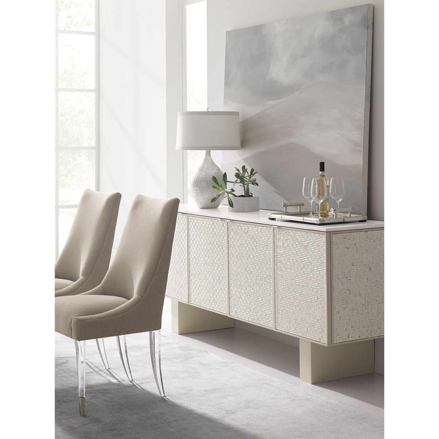 004 SR-768534 | Lifestyle | Bombshell Sideboard by Caracole in pearl and soft taupe, stacked shell. Made from pine solids, pine veneers in a modern style.