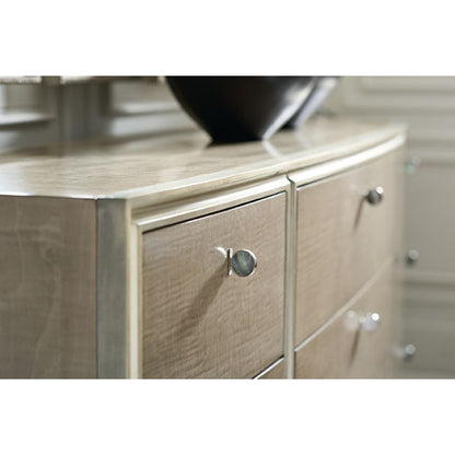 Made to Shine Dresser by Caracole in silver and moonlit sand, soft silver leaf. Made from pine, birch, silver curly maple in a transitional style.